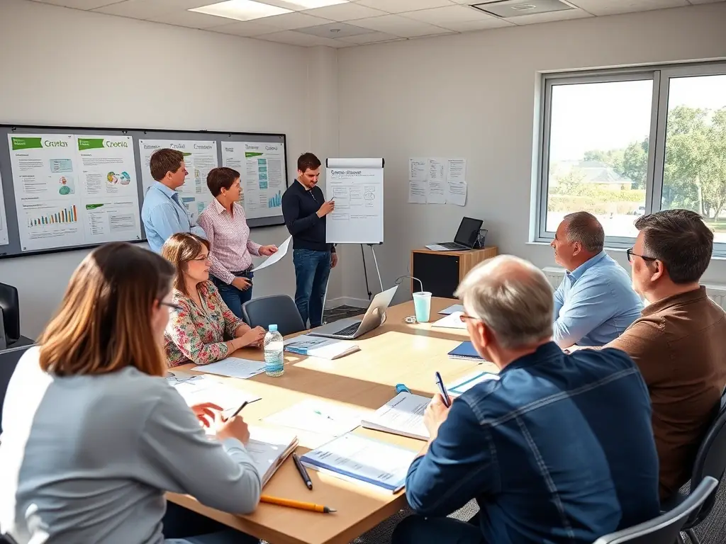 A collaborative workshop setting, with Kreko consultants providing hands-on training and guidance to franchisees on branding and marketing strategies.