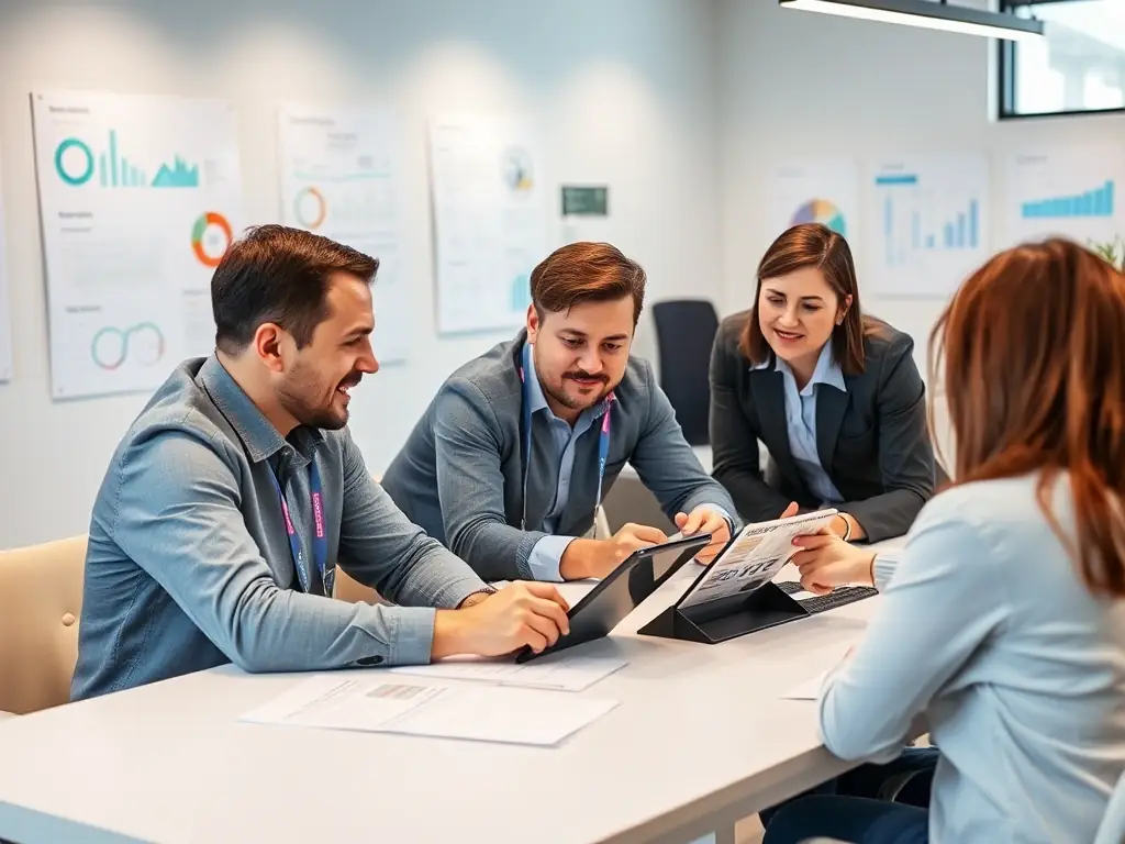 A franchisee working with Kreko's support team, reviewing data and strategies on a tablet. The image should depict a collaborative and supportive environment, emphasizing the ongoing assistance provided to franchisees.