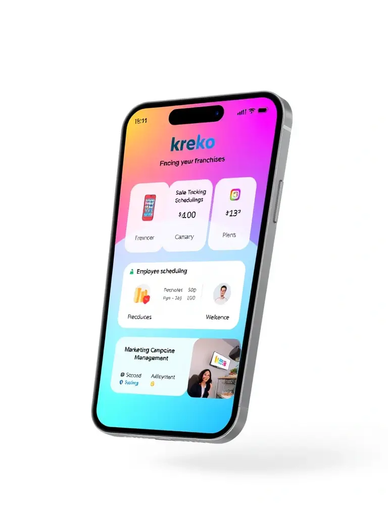 A mobile app interface used by Kreko franchisees to manage their store operations, including sales tracking, employee scheduling, and marketing campaign management.
