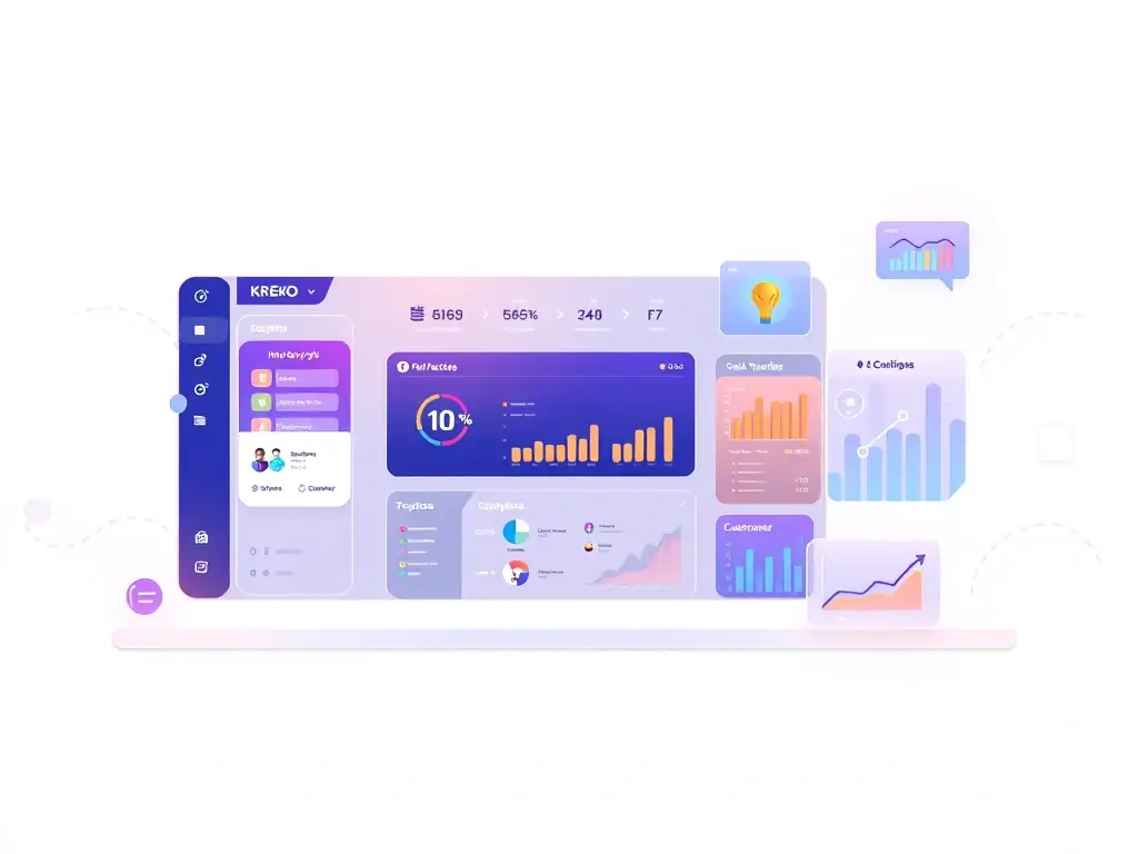 A digital interface displaying Kreko's technology platform, showcasing features such as inventory management, sales tracking, and customer analytics. The image should convey a sense of innovation and efficiency.