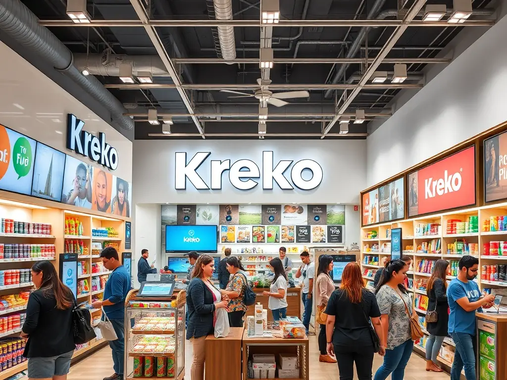 A vibrant, modern neighborhood store, showcasing Kreko's branding and technology integration, with customers shopping and interacting with staff.