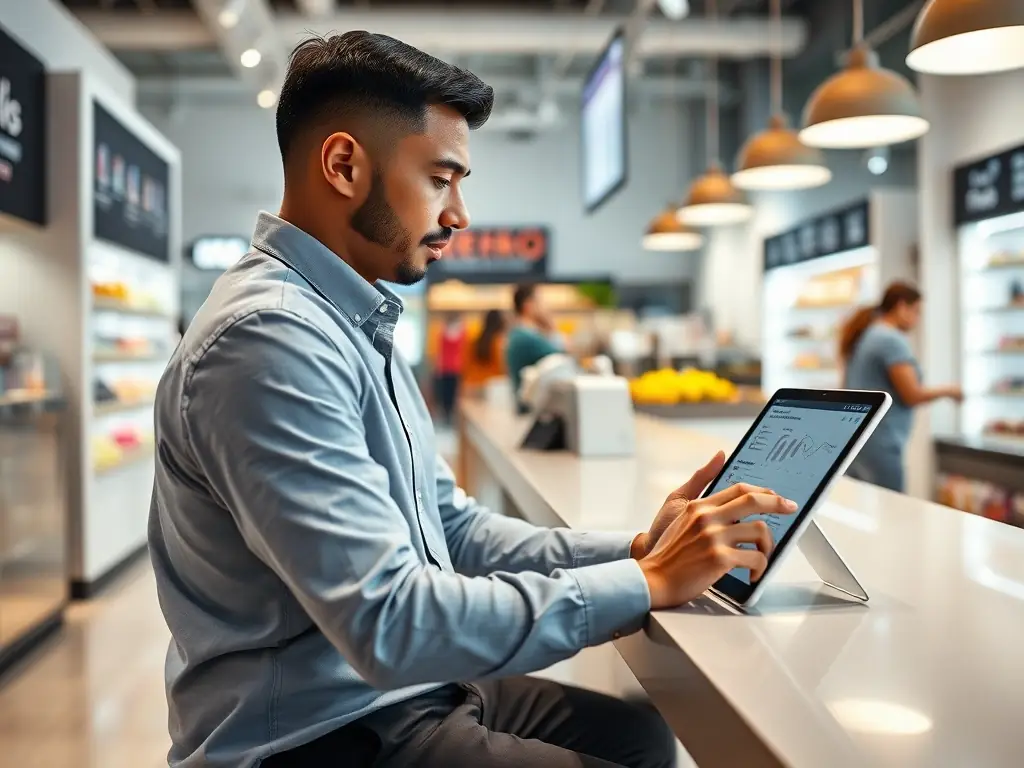 A franchisee using Kreko's technology platform on a tablet, demonstrating the ease of use and efficiency of the system. The image should highlight the modern and user-friendly interface.