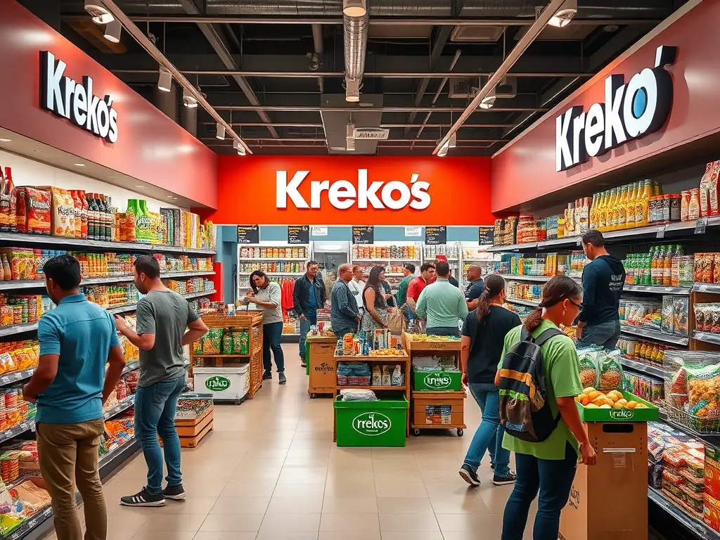 A vibrant, modern neighborhood store, showcasing the Kreko brand and design elements, with customers browsing the aisles and interacting with staff. The image should convey a sense of community and efficiency.