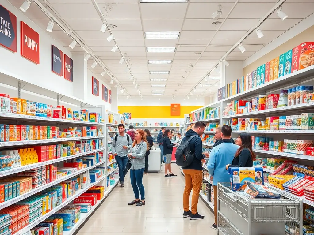 A vibrant, modern neighborhood store with the Kreko brand, showcasing a clean and organized layout, digital displays, and happy customers. The image should convey a sense of community and efficiency.